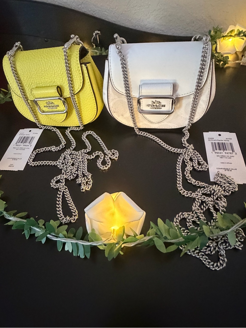 2 Coach Pebbled Leather Saddle Crossbody Bags - Yellow & White